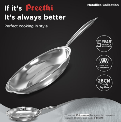 ‎Preethi Metallica Collection Triply Stainless Steel Frypan with Glass Lid, 26 cm, Gas & Induction Compatible, Metal Spatula Friendly with 5 Year Product Warranty - Image 2
